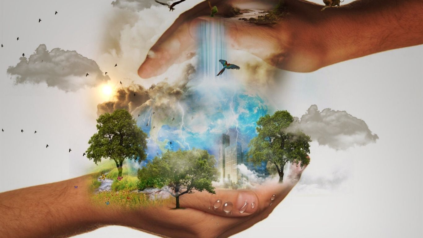 Hands cradling a glowing miniature landscape with trees, clouds, and a bird against a white background