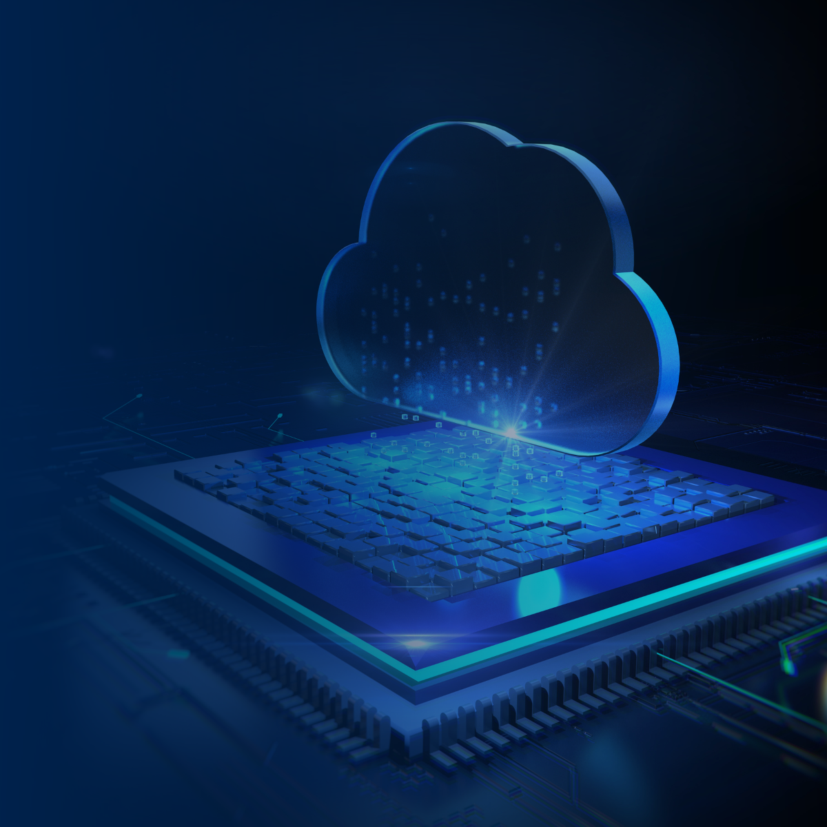 Blue cloud icon over a computer chip, with digital light effect.