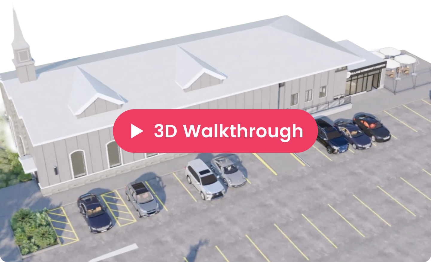 Aerial view of a white building with a parking lot and a pink “3D Walkthrough” button overlay