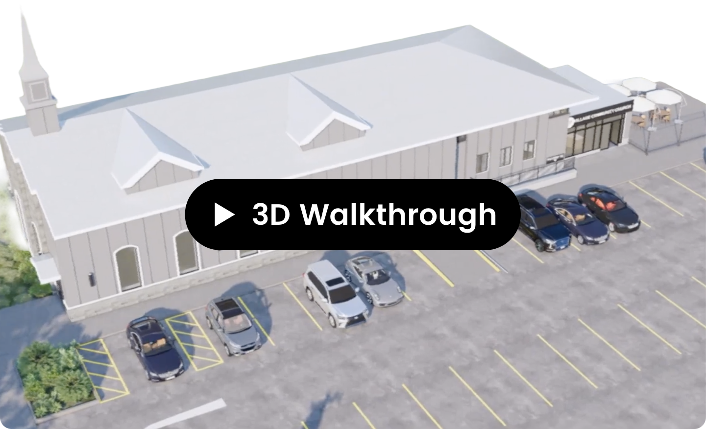 Aerial view of a white building with parked cars and a “3D Walkthrough” overlay button