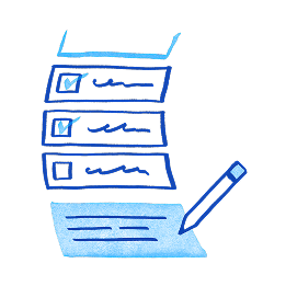 Blue checklist with checked boxes and a pencil writing on paper