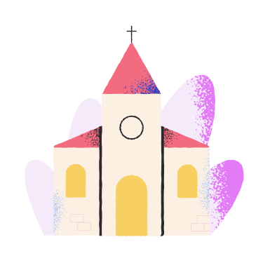 Pastel church illustration with pink roof, cream walls, yellow doors and windows, and a cross on top