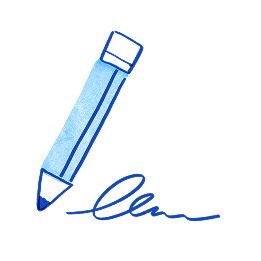 Blue pencil drawing a signature line on white background