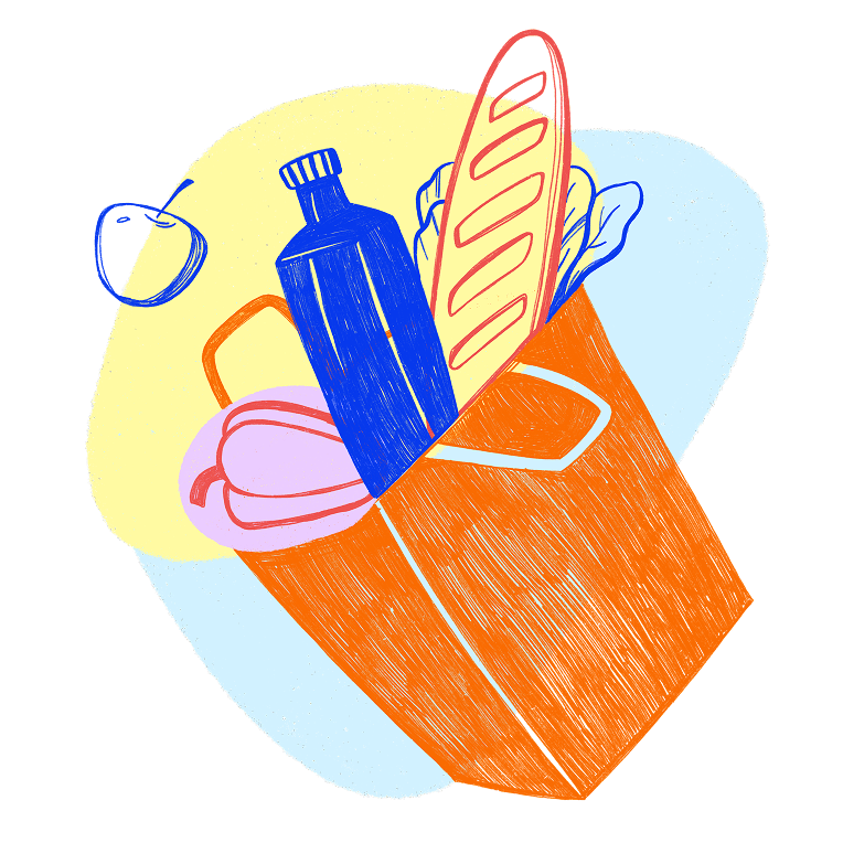 Reusable grocery bag with fruits, bread, bottle, and flowers in bright blue, orange, and yellow colors