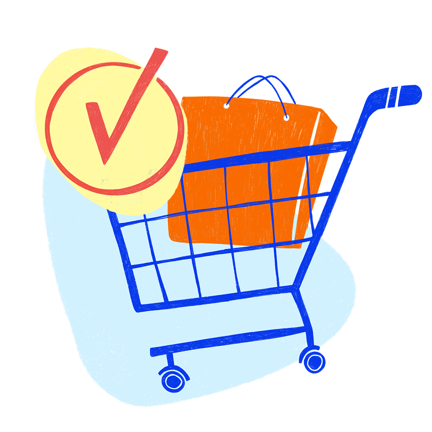 Blue shopping cart with an orange bag and a yellow checkmark badge