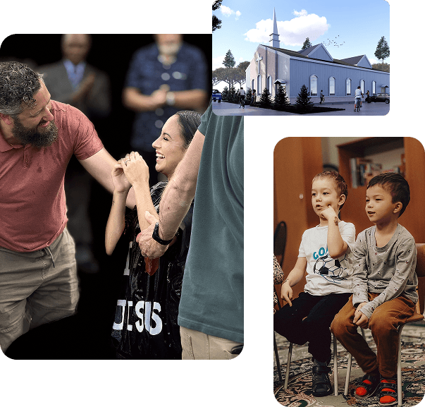 Collage of candid moments: people laughing, a church exterior, and two children sitting together.