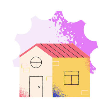 Stylized house illustration with cream and yellow walls, red roof, and purple splashes behind it.