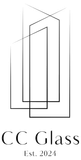 Logo for CC Glass with overlapping geometric shapes and text below that reads, 