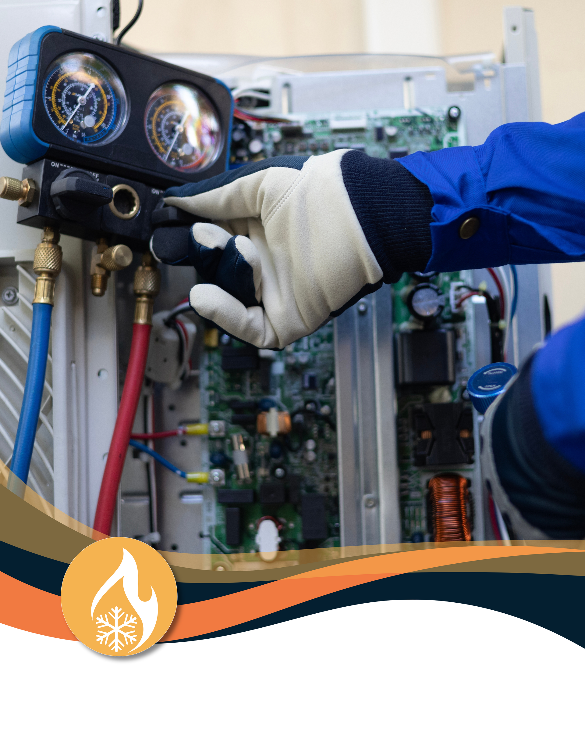 HVAC technician servicing a machine. They wear gloves and a blue uniform.