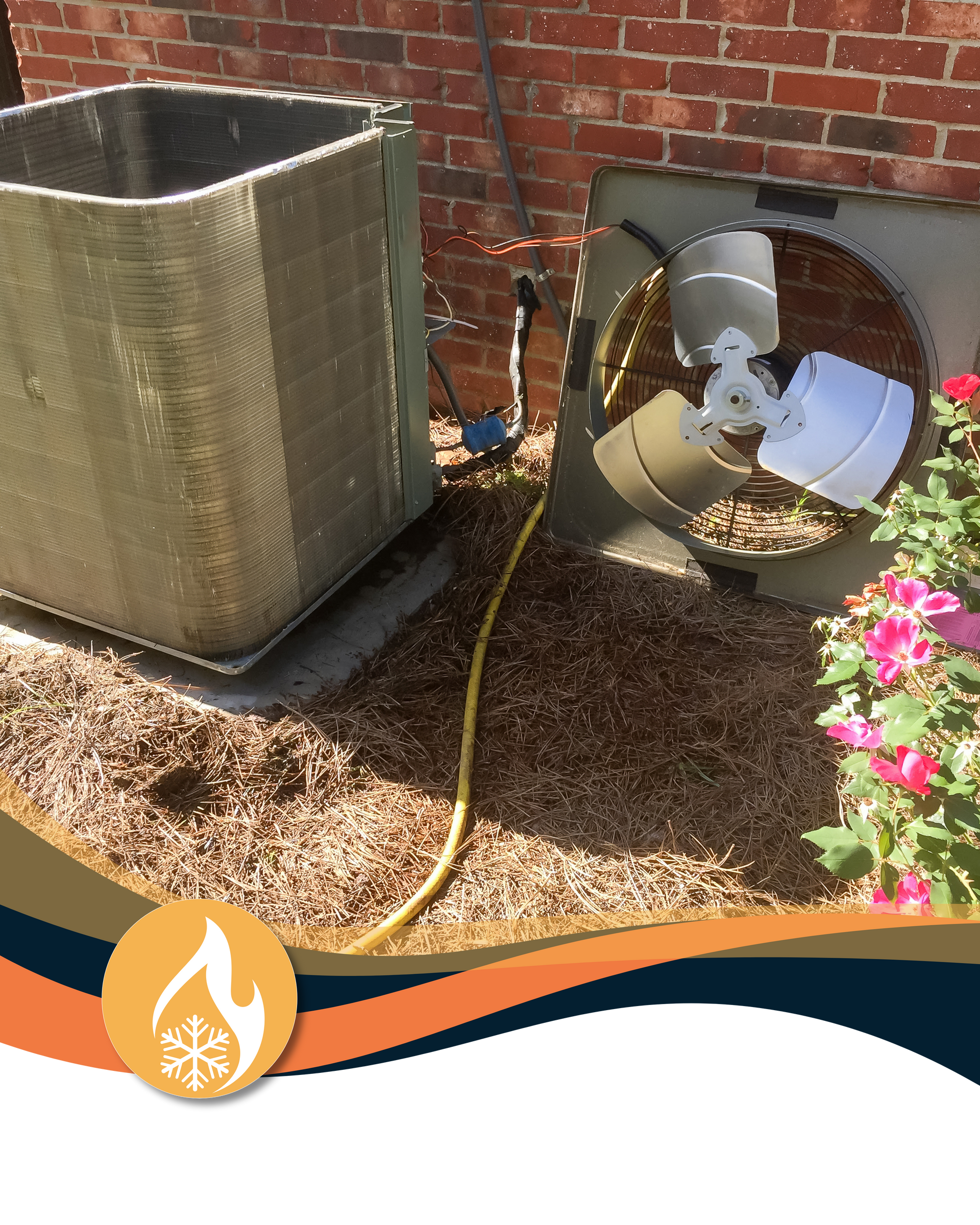 Outdoor air conditioning unit with fan, next to brick wall and landscaping.