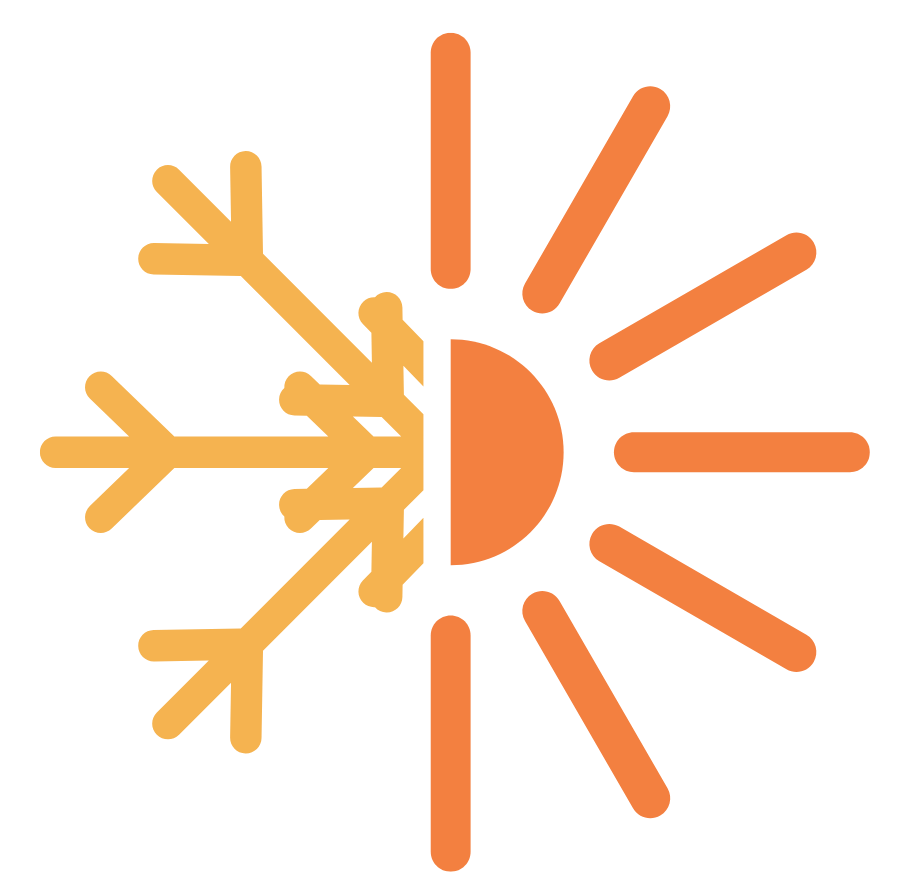 Half sun, half snowflake symbol in orange, representing temperature contrast.