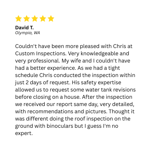 Review of Custom Inspections by David T. praises Chris's knowledge, professionalism, and quick service. 
