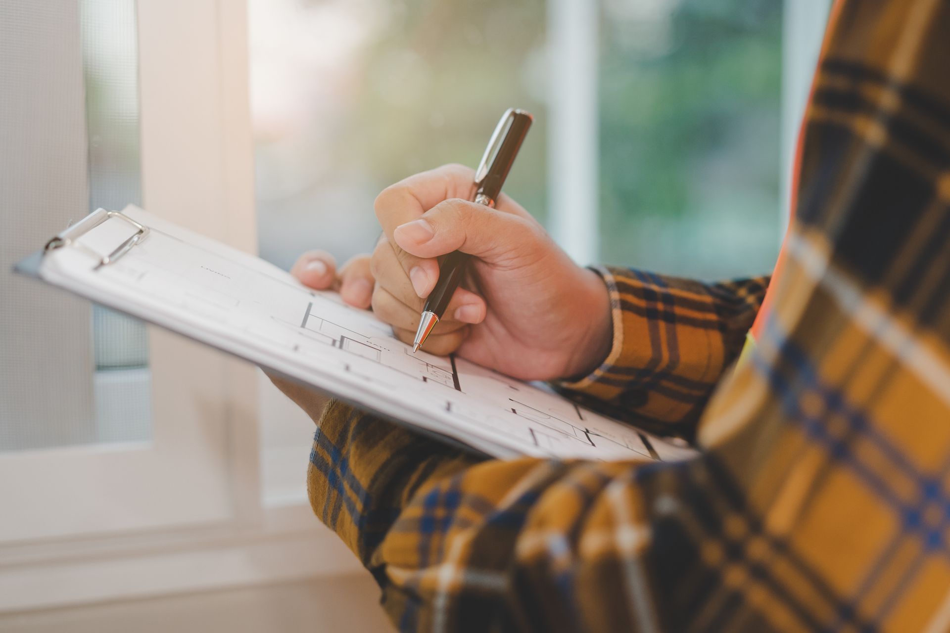 Person in a plaid shirt writing on a clipboard with a pen, near a window.