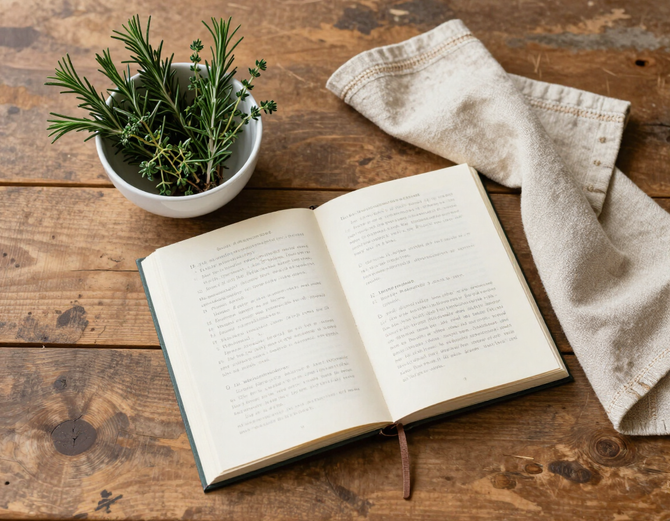 Flat-lay of an open culinary journal beside fresh herbs and a linen napkin in morning light