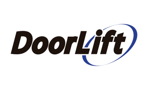 Logotipo de DoorLift con texto negro y azul y un trazo elíptico azul