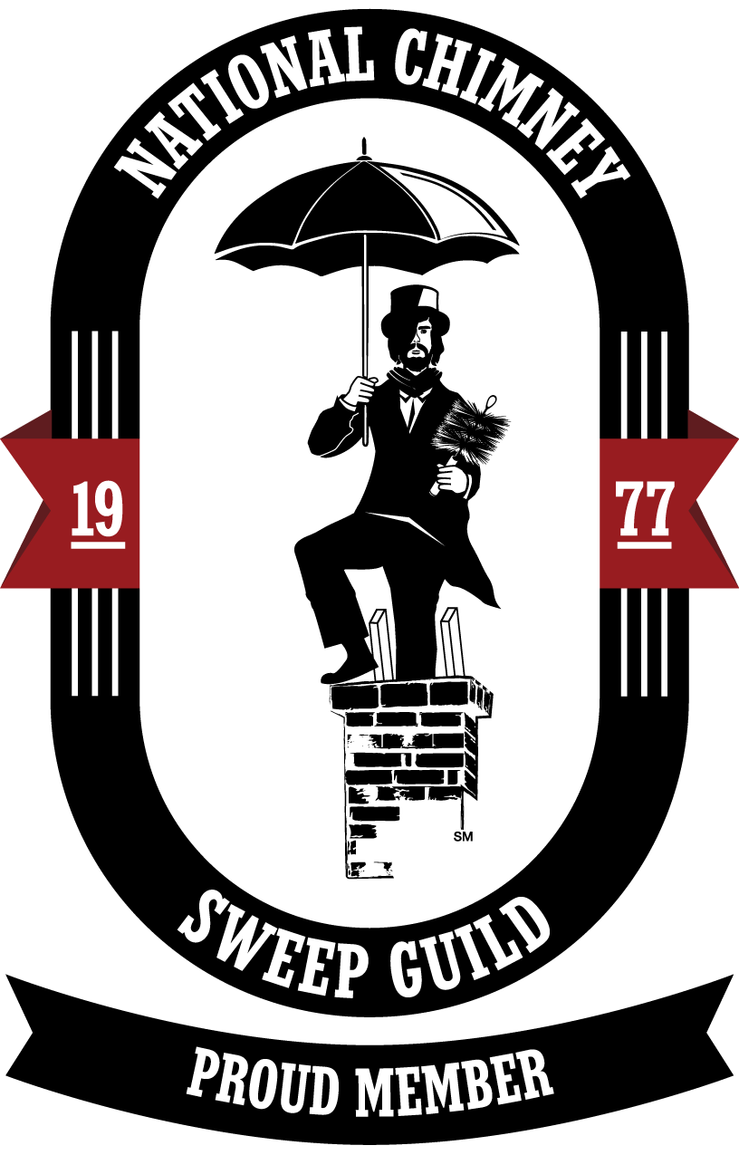 National Chimney Sweep Guild badge with chimney sweep under umbrella, black and white with red 1977 banner