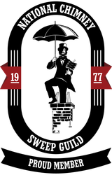 National Chimney Sweep Guild badge with chimney sweep under umbrella, black and white with red 1977 banner