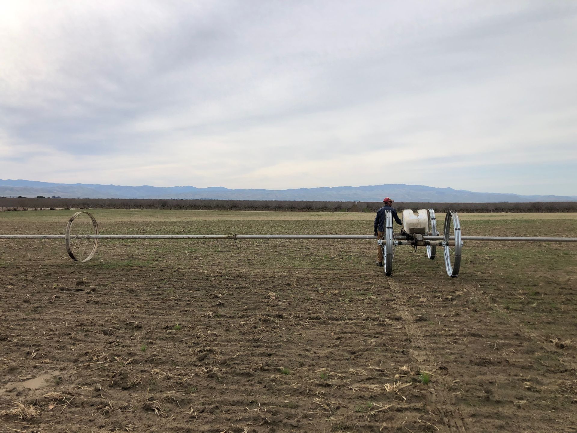 Farmer operating a wheel line irrigation system preparing to plant