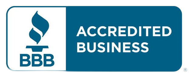 BBB Accredited Business logo: white flame icon, blue rectangle with text 
