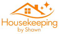 Orange Housekeeping by Shawn logo with house roof, window, and sparkle icons