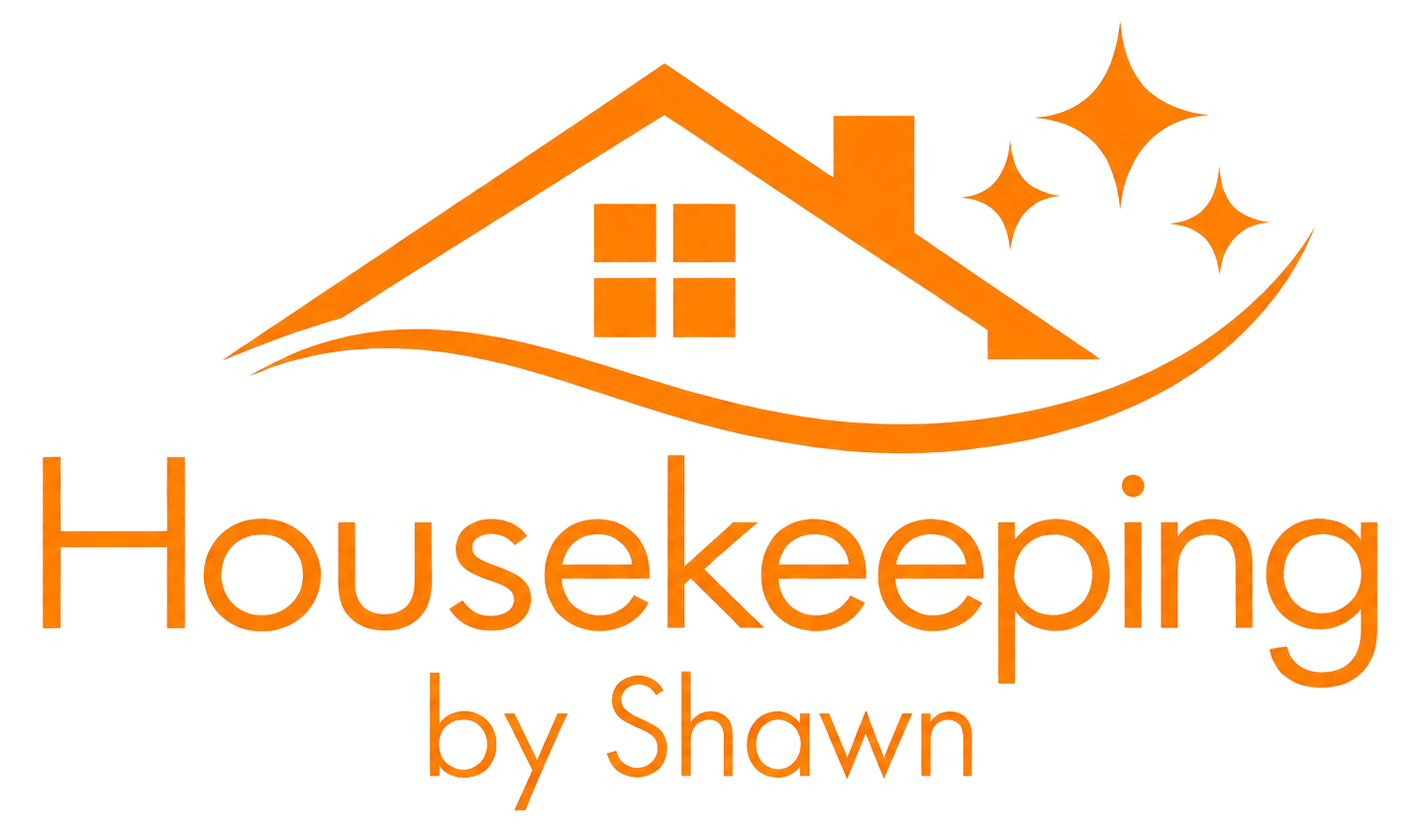 Orange Housekeeping by Shawn logo with house roof, window, and sparkle icons