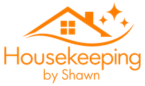 Orange Housekeeping by Shawn logo with house roof, window, and sparkle icons