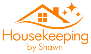 Orange Housekeeping by Shawn logo with house roof, window, and sparkles