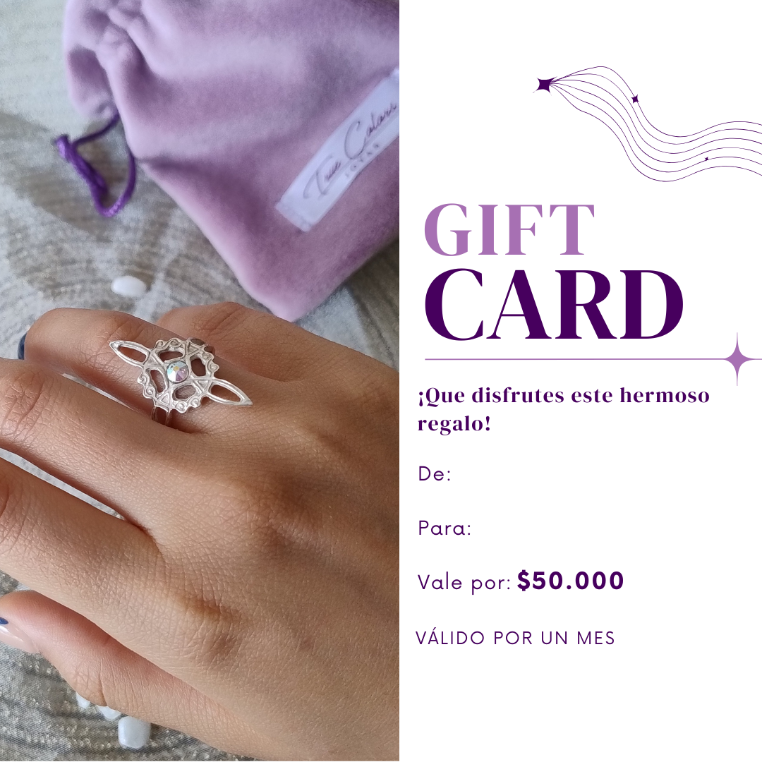 Tarjeta de regalo con logotipo morado y foto de una joya, con la inscripción “Tarjeta de regalo” y “Valor: $50.000”.