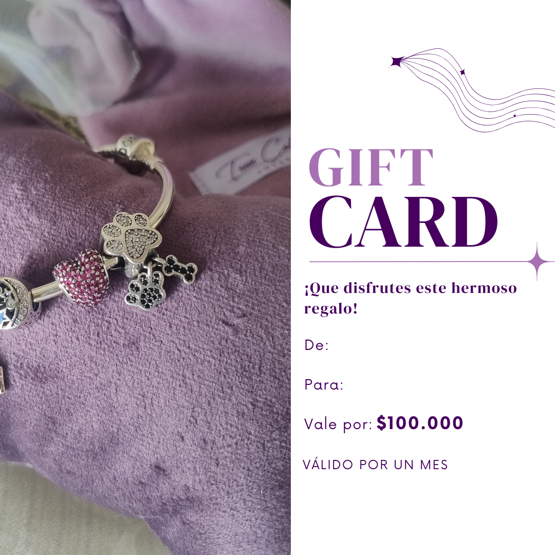 Tarjeta de regalo de joyería color lavanda con pulsera y dije de plata, que muestra 