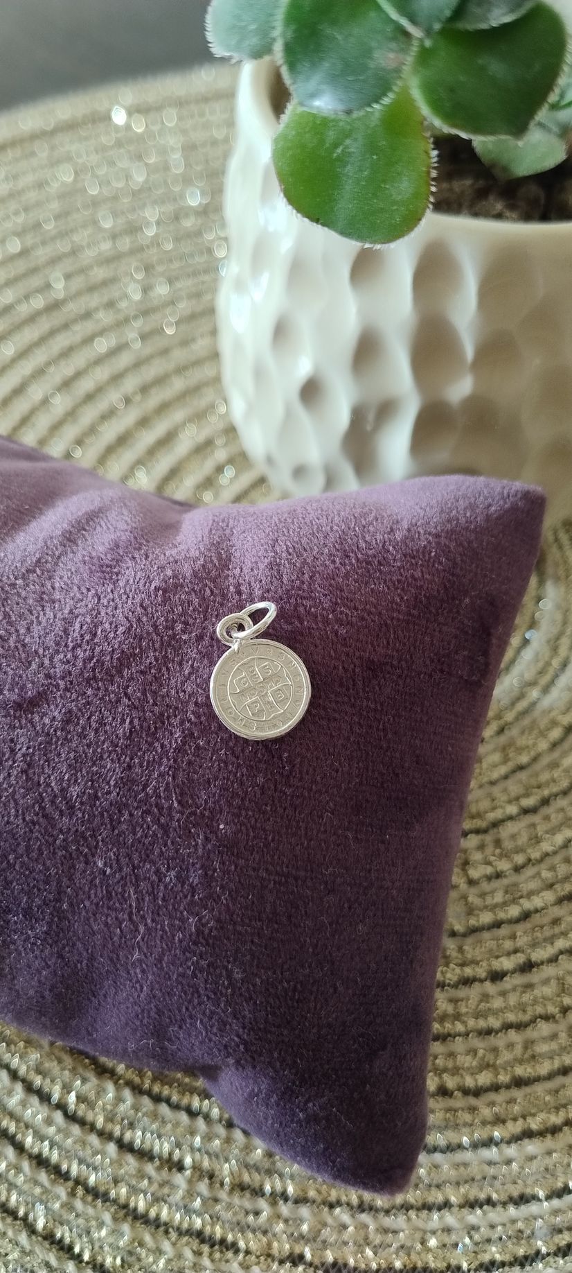 Colgante de plata sobre un cojín de terciopelo morado, con una planta al fondo.