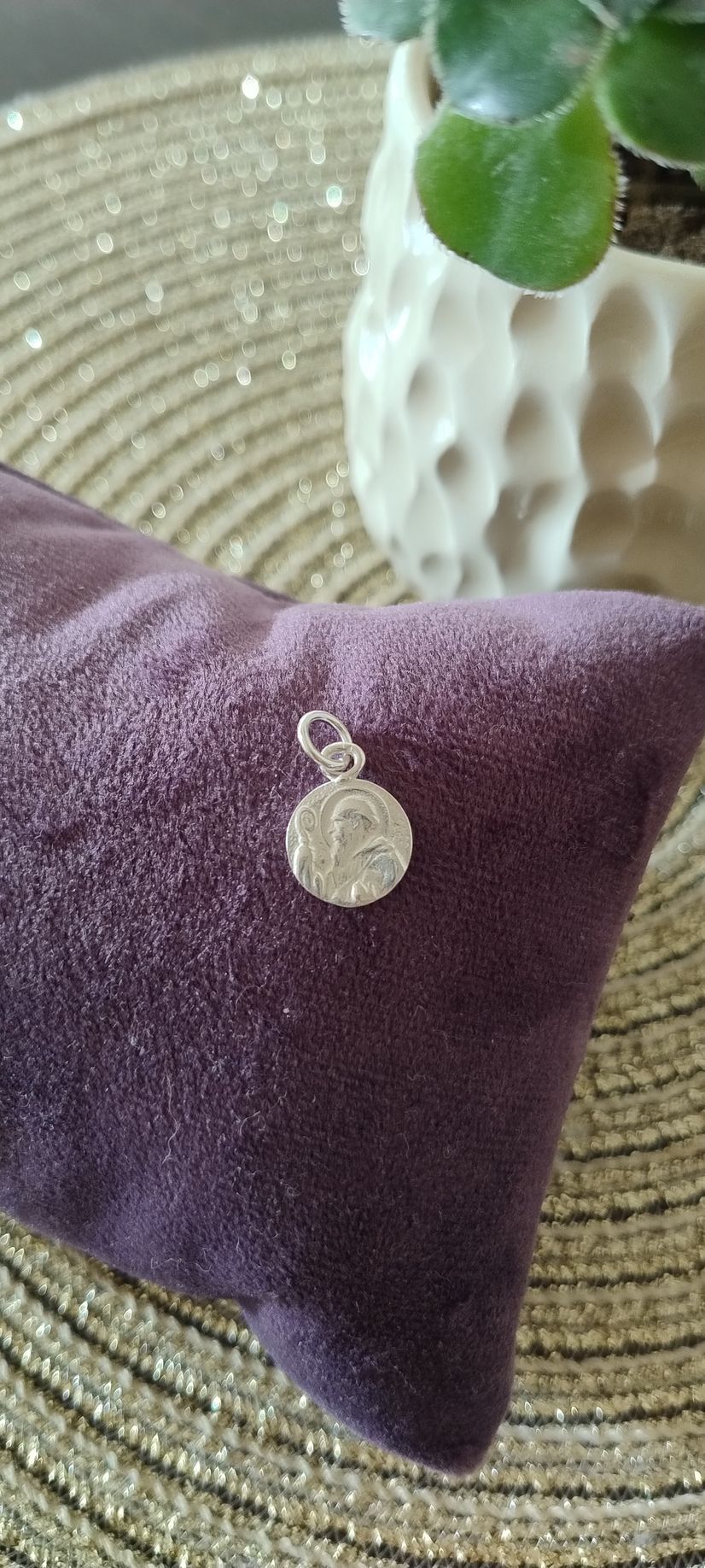 Colgante de plata sobre un cojín de terciopelo morado, con una planta al fondo.