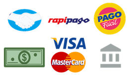 Logos: RapiPago, Pago Fácil, dinero, edificio del banco.