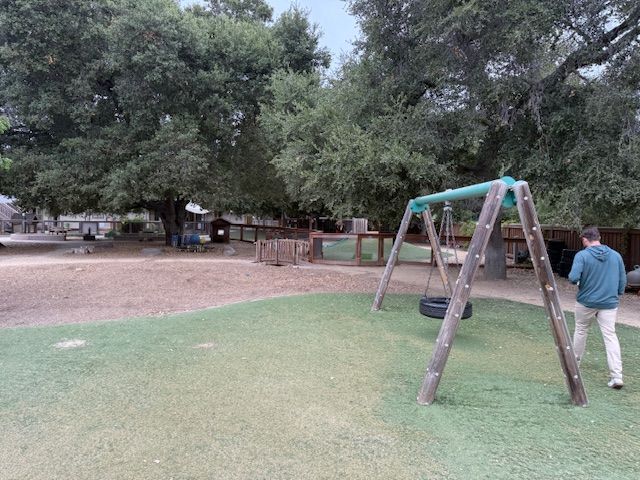 A playground with a swing set and a person walking in front of trees.