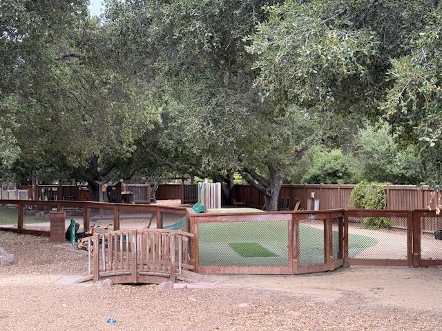 Dog park with wooden fence, bridge, and grassy area under large trees.