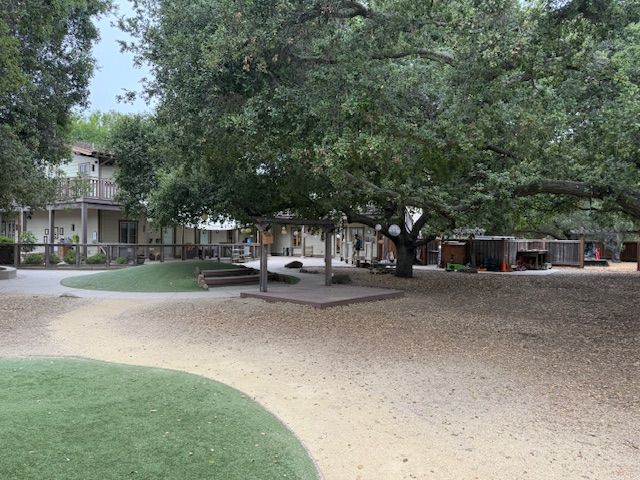 Courtyard with trees, play area, and low buildings. Artificial turf path and play structures.