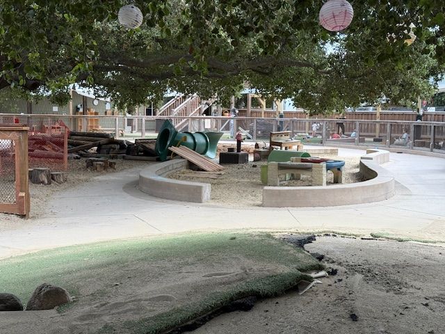 Playground with sand, water features, and play structures under large trees.