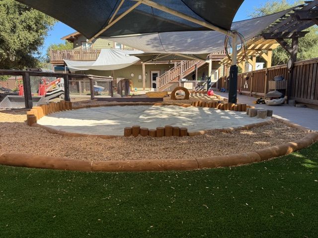 Playground sandbox with brown border, tan sand, and shade structure, on green artificial grass.
