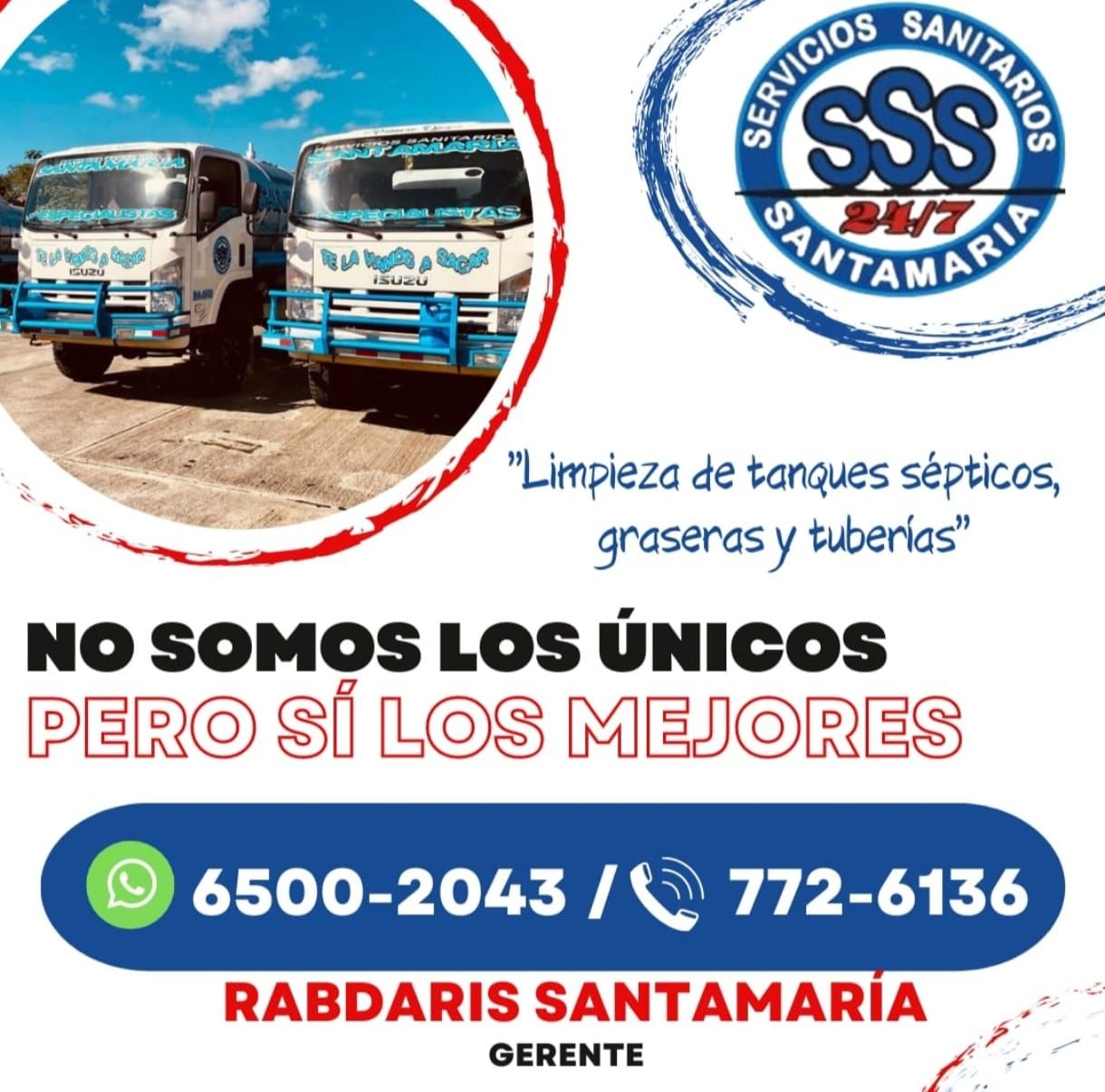 Anuncio de servicios sanitarios: Camiones, números telefónicos y texto