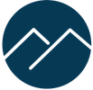 White mountain range outline within a blue circle.
