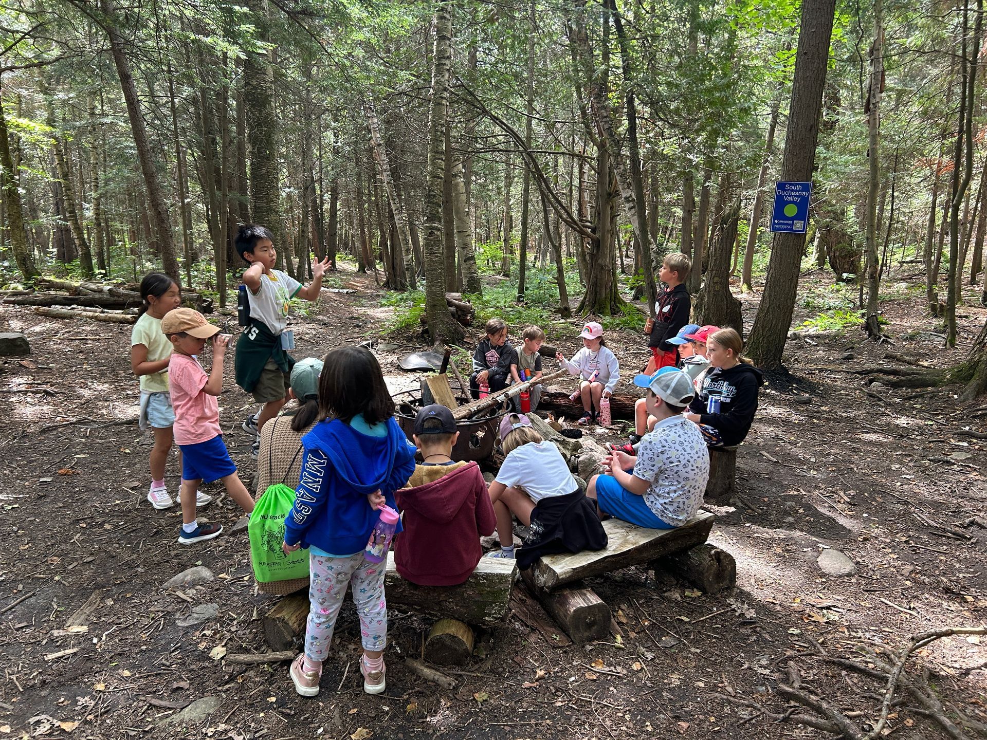 Children and adult in a circle around a forest fire pit, listening. Forest setting.