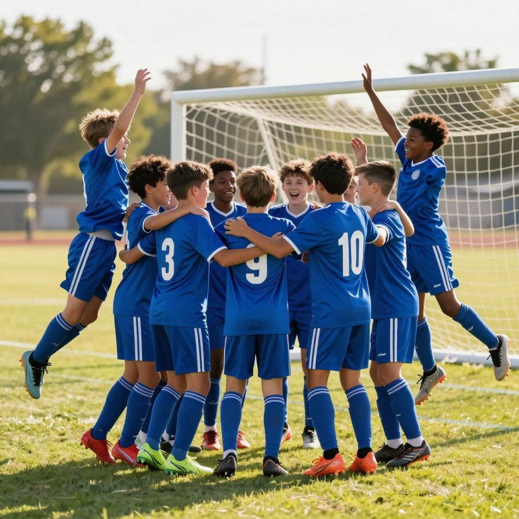 Soccer team in blue uniforms celebrating a goal, embracing and jumping near the goal post on a sunny field.
