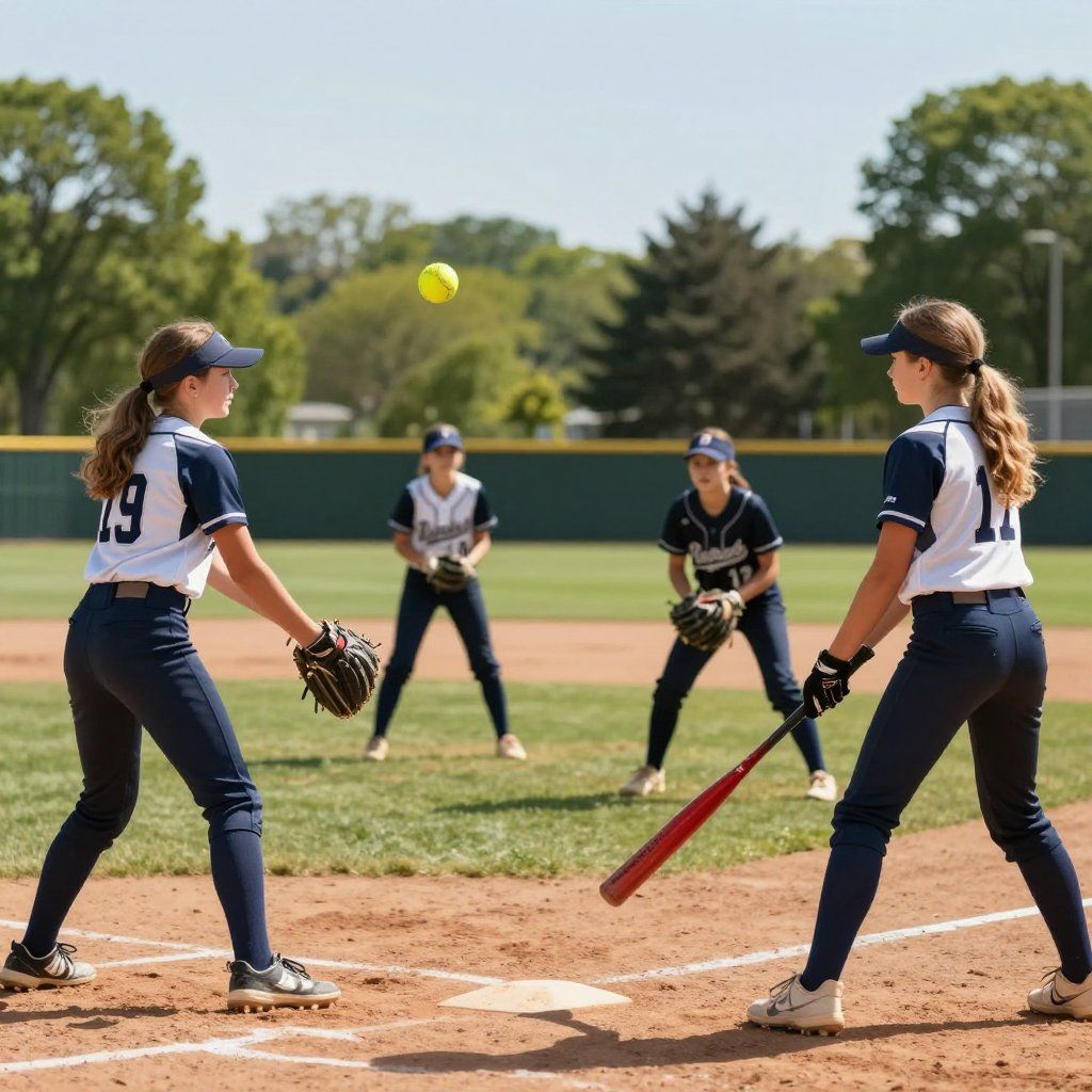 Softball players on a field. A yellow ball in the air, batter at the plate, two fielders wearing navy and white uniforms.