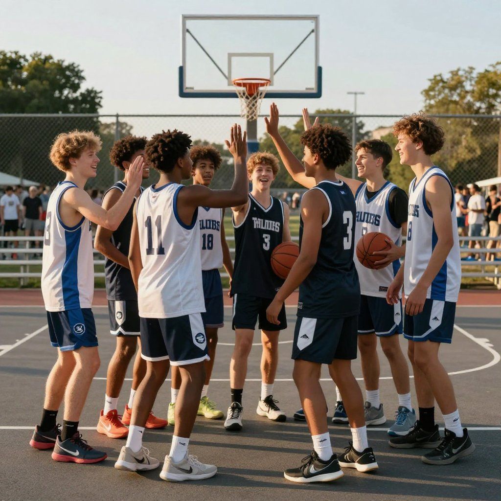 Basketball team on an outdoor court, high-fiving. Players wear white and navy jerseys. Hoop in background.