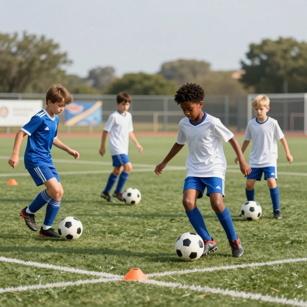 Boys playing soccer on a grassy field; one in blue dribbles the ball, others nearby.
