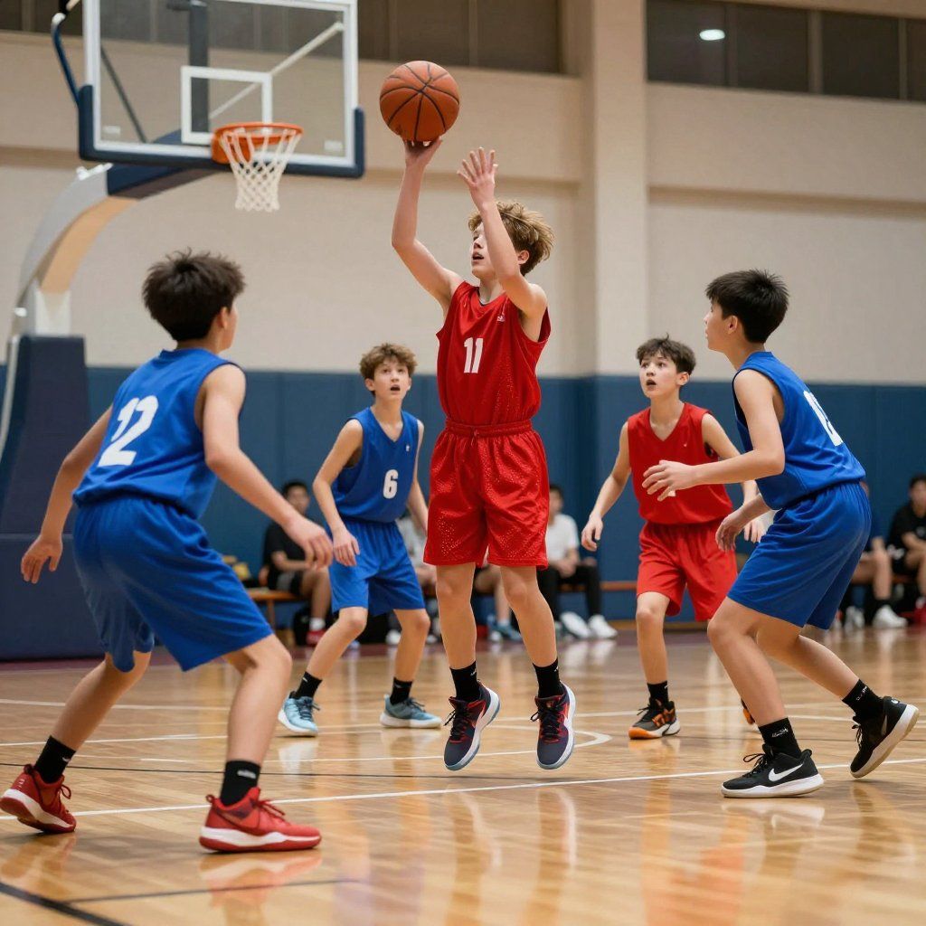 Basketball game: Boy in red uniform shoots, surrounded by opponents in blue uniforms on court.