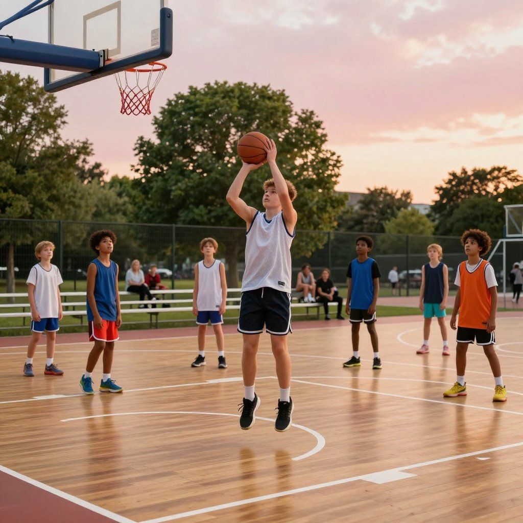 Boy jumping to shoot a basketball on an outdoor court, other children watch.