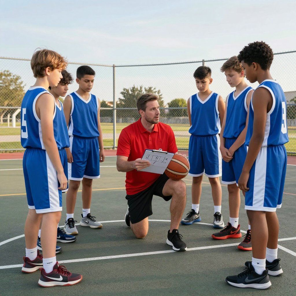 Coach showing play to basketball team on outdoor court.