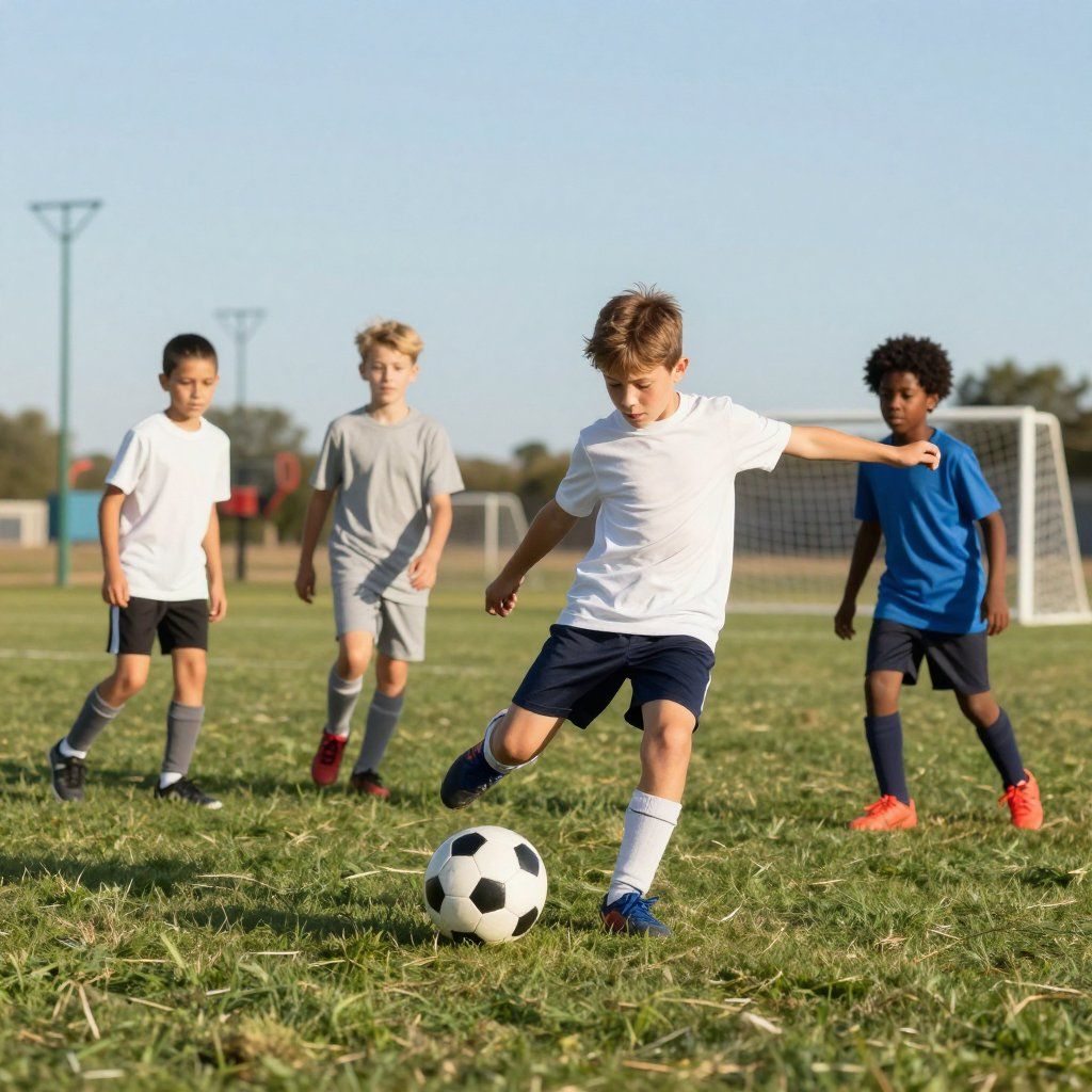Boy kicking a soccer ball on a grassy field with other players and a goal in the background.