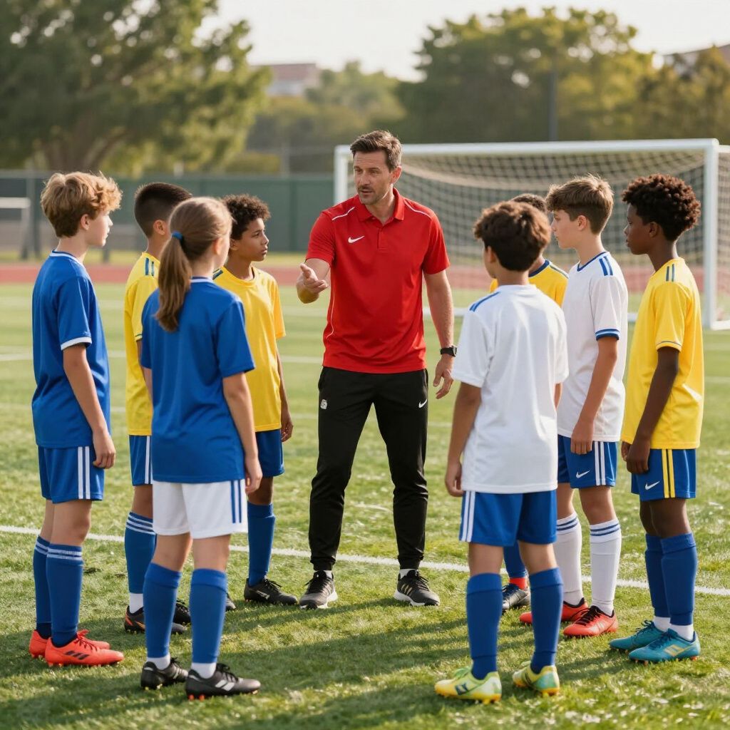 Soccer coach in red shirt talking to team of kids on a field, near goal net.