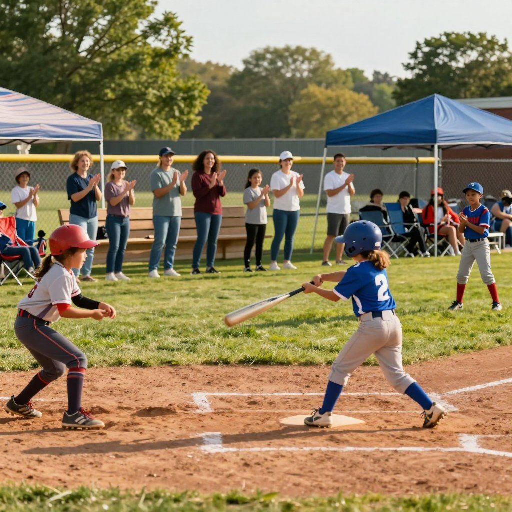 Youth baseball game: batter swings, pitcher throws. Spectators clap under tents. Field, trees in background.